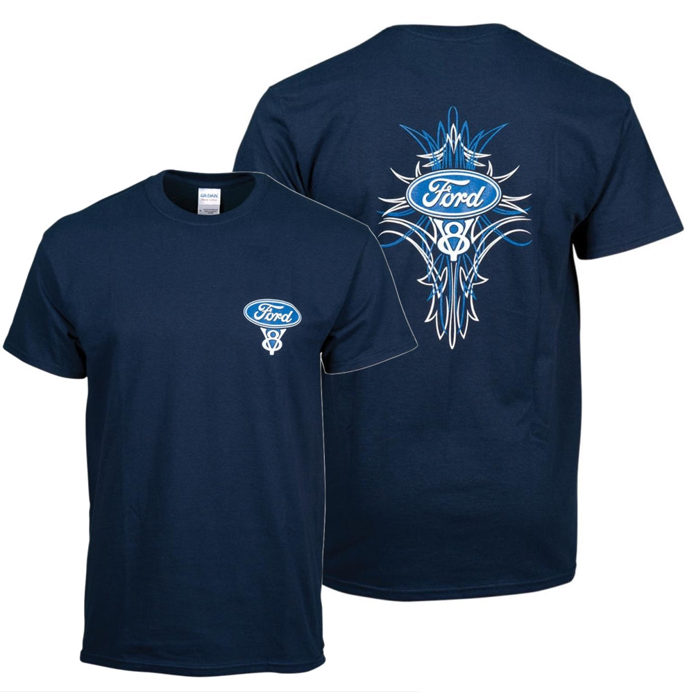 Ford T-Shirt mit Ford Pinstripe Motiv und Ford V8 Logo Blau