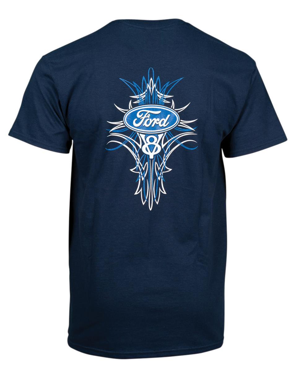 Ford T-Shirt mit Ford Pinstripe Motiv und Ford V8 Logo Blau